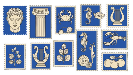 Elegant collection of vintage-style postage stamps with classical art, ancient architecture, marine life, botanical illustrations, and mythological symbols, great for design