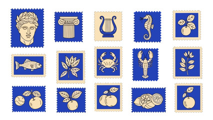 Collection of Vintage Stamps with Mythological and Marine Illustrations