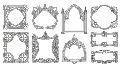 Elegant Collection of Ornate Decorative Frames and Borders with Intricate Architectural and Abstract Motifs, Ideal for Graphic Design, Certificates, Invitations, and Vintage Decor