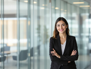 Portrait of young Hispanic professional business woman standing in office. Happy female company executive, smiling businesswoman entrepreneur corporate leader manager looking at camera using tablet