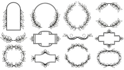 Classic collection of black and white botanical wreaths and frames. An elegant vector set with hand-drawn leaf borders for design