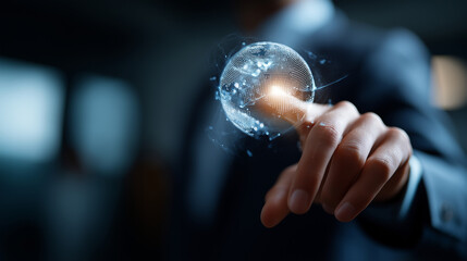 Faceless businessman hand touching digital global network technical support interface real time assistance visualization social network connection data exchange hologram