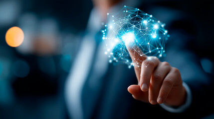 Faceless businessman hand touching digital global network technical support interface real time assistance visualization social network connection data exchange hologram