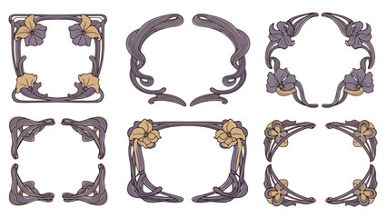 Collection of Ornate Art Nouveau Frames and Corners Featuring Elegant Floral Design Elements for Vintage-Inspired Decor and Creative Graphic Projects