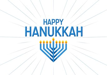 Festive Happy Hanukkah greeting graphic featuring a geometric blue menorah on white.