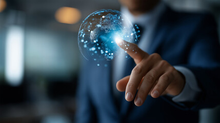 Faceless businessman hand touching digital global network technical support interface real time assistance visualization social network connection data exchange hologram