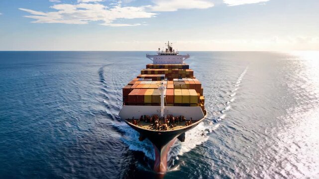 Cargo ship loaded with colorful containers sails across calm blue ocean under bright sunshine toward horizon in open sea for global trade