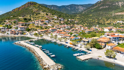 Aerial Drone View of Glyfada Village and the Gulf of Corinth, Central Greece