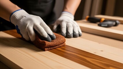 gloved hands applying wood stain with cloth to raw wooden board, for woodworking tutorials, furniture refinishing guides, stain product advertising, and carpentry service blogs