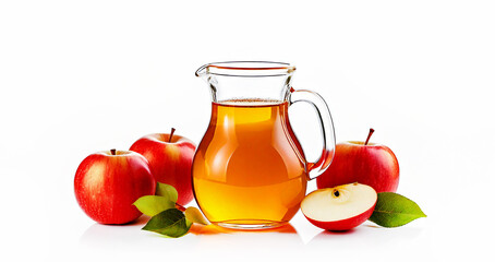 Carafe of apple juice. Apples on the table. On a white background.