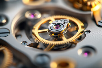 Ultra-close-up of a watch movement's escapement reveals precision engineering. The pallet fork and jewel bearings showcase expert craftsmanship in this mechanical masterpiece.