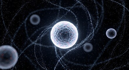 Abstract microbiology and quantum physics concept. Cell and atom structure in dark space. Glowing spherical particle surrounded by moving light particles and energy waves