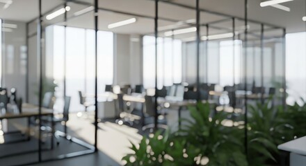 An unfocused view of a modern office space, showcasing desks with chairs.