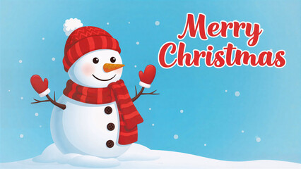 Cute snowman with scarf and hat illustration on a happy winter holiday Christmas card with a festive tree and snowflake background