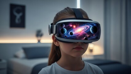 Girl with VR headset looking at a galaxy, in a bedroom setting, experiencing a virtual reality game. Child exploring space in bedroom.