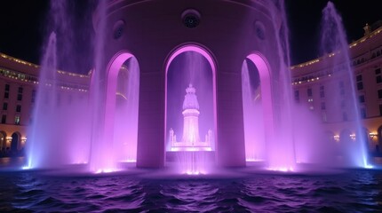 Spectacular night view of a grand fountain structure bathed in glowing purple and blue lights