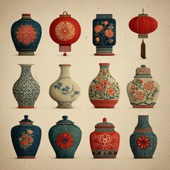 Collection of Decorative Asian Vases and Lanterns with Floral Designs.