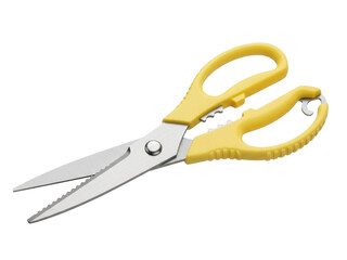 Isolated scissors for kitchen or utility use with yellow handles on seamless background