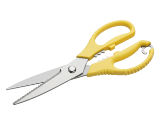 Isolated scissors for kitchen or utility use with yellow handles on seamless background