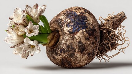 Close-up of a bulb with flowers, showing intricate details and textures.