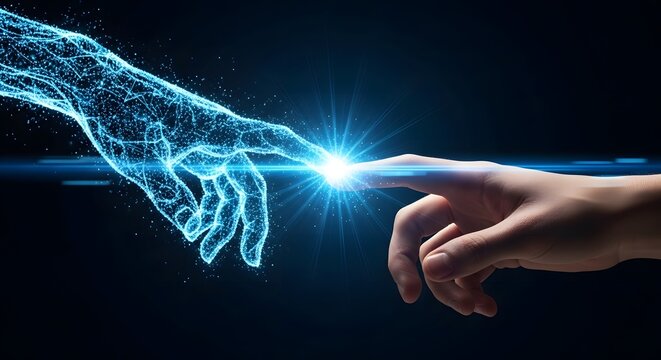 Artificial intelligence and human-machine interaction. Digital technology and future connection. Hand of a person touching a glowing, polygonal digital hand in the dark