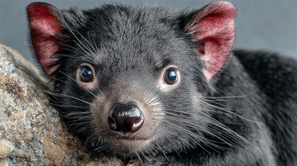 Close-up of a Tasmanian Devils Face with Pink Ears.