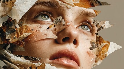 Close-up of a womans face with autumn leaves, looking up, artistic portrait.