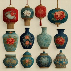 Collection of Chinese Lanterns and Vases with Floral Motifs.
