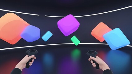 VR user wearing black clothing interacts with colorful geometric shapes in digital space. Hands with controllers.