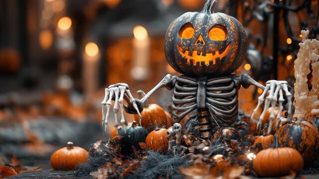 Halloween decoration with glowing pumpkin and skeleton against autumn backdrop featuring scattered pumpkins and flickering candles at dusk