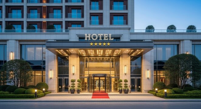 Luxury hotel facade showcasing entrance and architecture with a clear sky backdrop. Building exterior with a red carpet and 5-star hotel detail. Architecture design at dusk.
