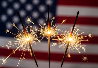Glittering sparklers glow brightly in front of blurred American flag background for patriotic celebration

