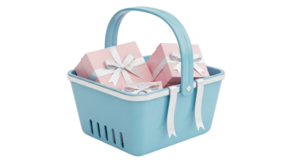 Isolated blue gift basket filled with pink present boxes tied with white ribbons loop handle