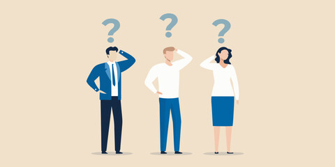 People pondering with question marks above their heads illustrating uncertainty