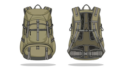 Detailed Illustration of a Hiking Backpack: Front and Back View for Gear Design and Outdoor Adventure Conceptualization