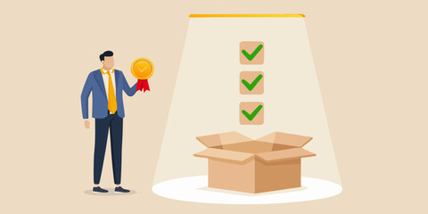 A businessman receives a reward from a shining box with checkmarks