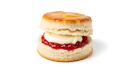 Traditional Scone with Jam and Cream on White Background