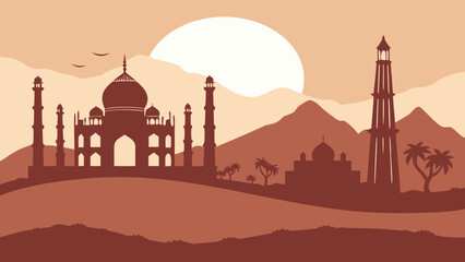 minimalist silhouette illustration of an Indian cityscape at sunset. A large full moon glows against a peach sky, with iconic domed mosques, minarets, palm trees, and distant mountains in dark reddish