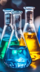 Various laboratory glassware filled with colorful chemical solutions in blue, yellow, and green, showcasing scientific research and experimentation