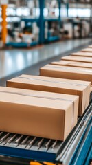 Row of sealed cardboard boxes moving on a conveyor belt in a large distribution center, symbolizing logistics, shipping, and supply chain operations