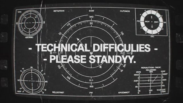 Vintage CRT screen with "Technical Difficulties Please Stand By" message and retro radar graphics.