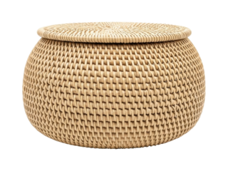 Isolated woven rattan container with lid for storage and decoration, natural texture