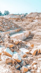 Sun drenched marble quarry showing stepped excavation, large stone blocks, and heavy machinery, illustrating the extraction of natural stone