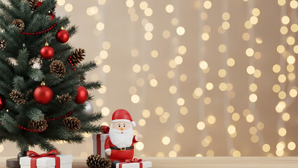 Festive Santa figurine near decorated Christmas tree with warm bokeh lights