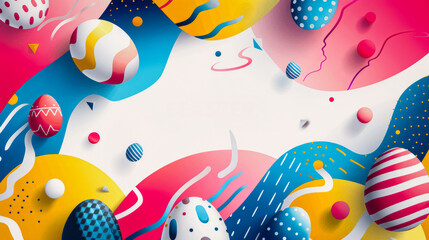 This lively and colorful Easter-themed vector illustration features a collection of vibrant Easter eggs scattered across a dynamic, abstract background.