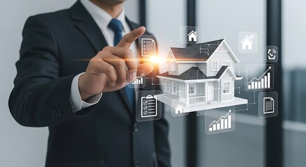Businessman holding a digital house model with glowing light and financial icons.
