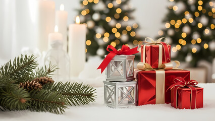 Elegant Christmas gifts glow near soft white candles and pine