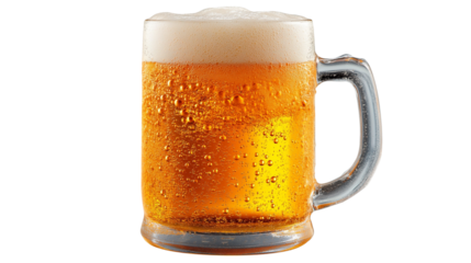 Refreshing golden beer mug filled with carbonated beverage and thick white foam