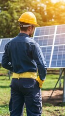 Technician in blue uniform and yellow hard hat inspecting solar panels in a green field, representing renewable energy and sustainable technology