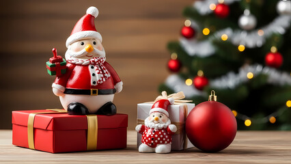 Charming Santa figurines with gifts near a festive bokeh Christmas tree